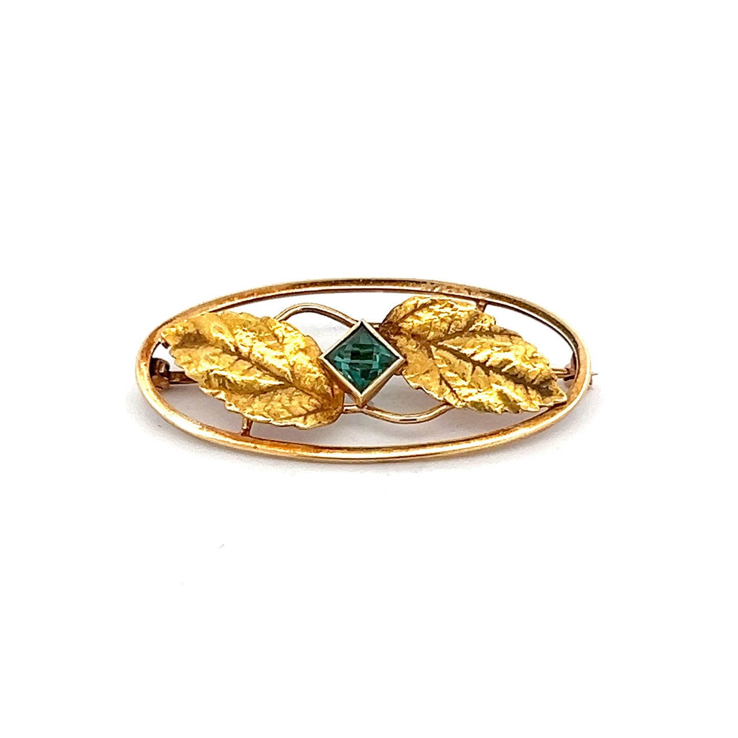 .35 Green Tourmaline Art Nouveau Brooch in 14k Yellow Gold