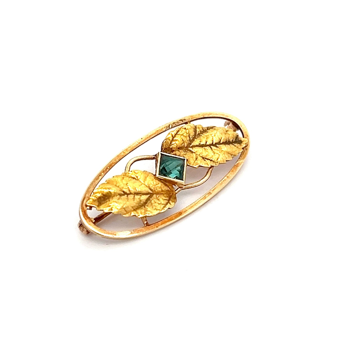 .35 Green Tourmaline Art Nouveau Brooch in 14k Yellow Gold