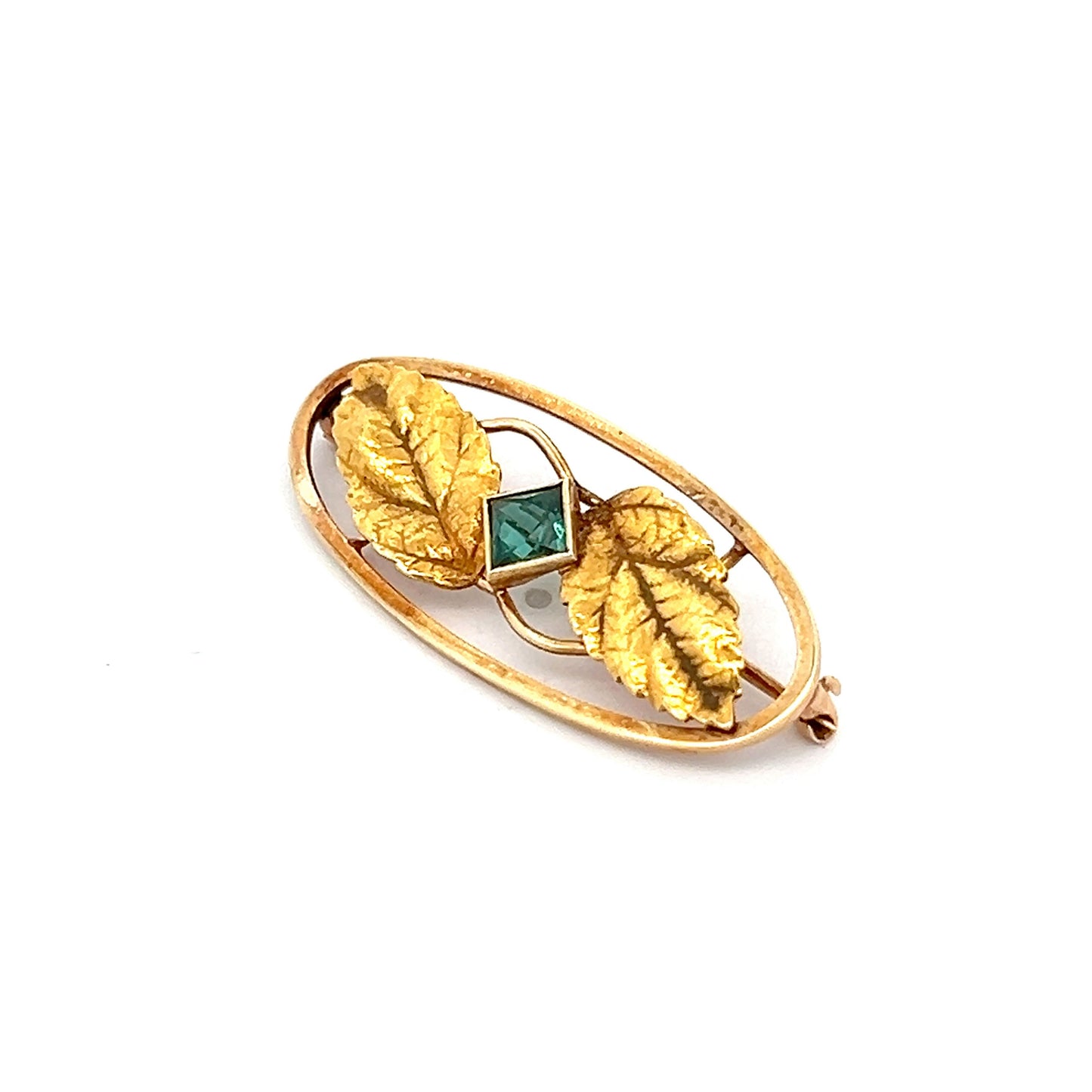 .35 Green Tourmaline Art Nouveau Brooch in 14k Yellow Gold