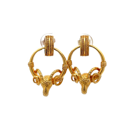 Rams Head Drop Earrings in 14k Yellow Gold