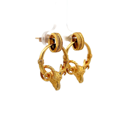 Rams Head Drop Earrings in 14k Yellow Gold