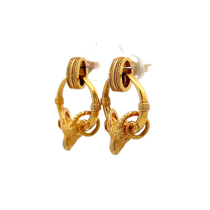 Rams Head Drop Earrings in 14k Yellow Gold