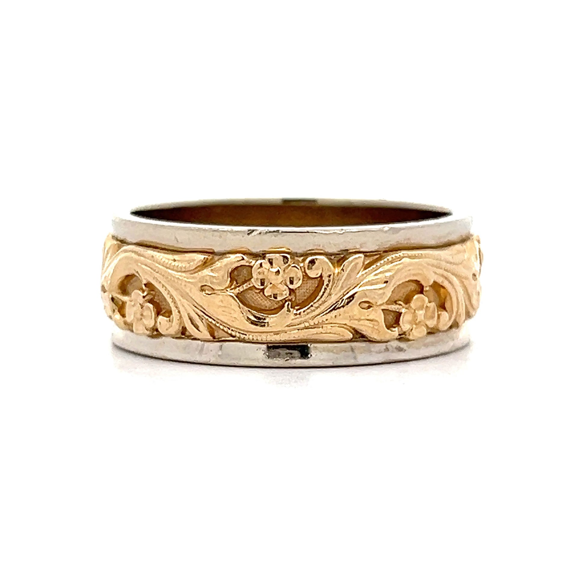 8mm Two-Tone Floral Men's Band in 14k