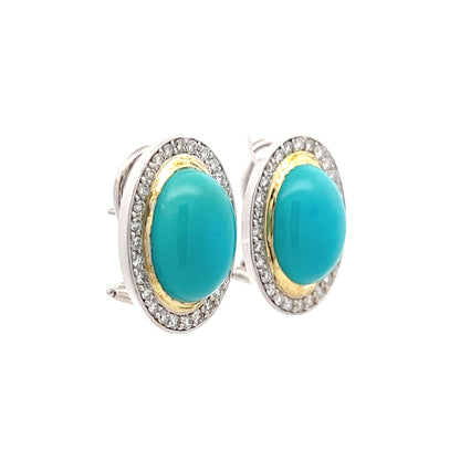 Oval Cabochon Turquoise & Diamond Earrings in 18k