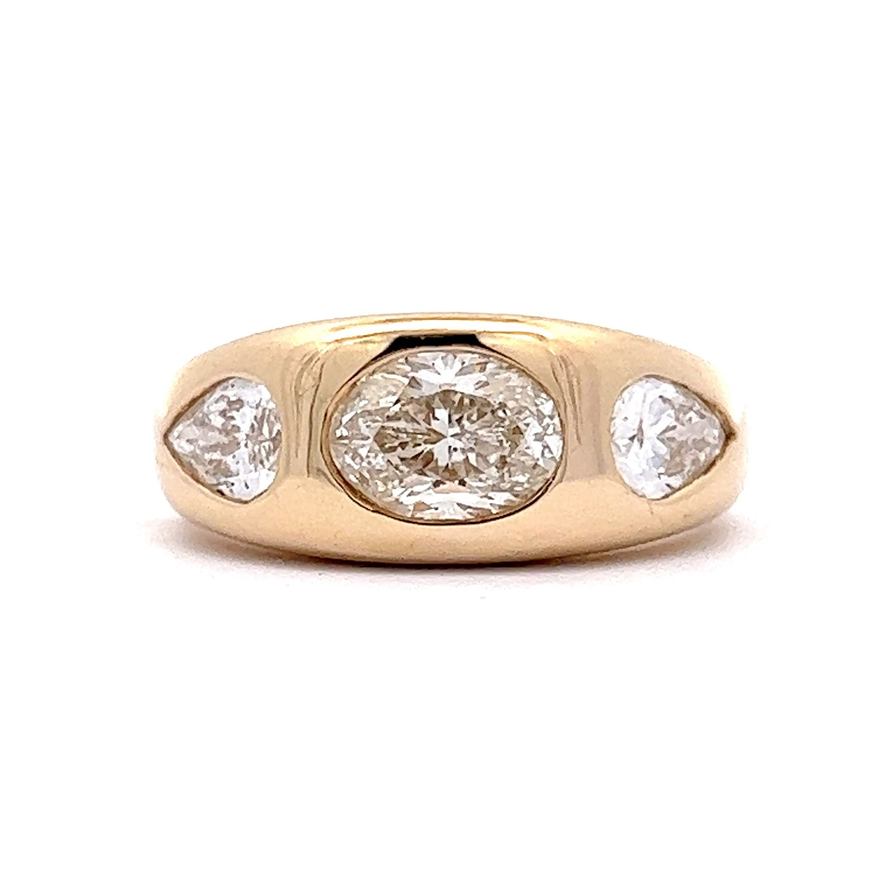 3.23 Three Stone Flush Set Diamond Cocktail Ring in 18k Yellow Gold