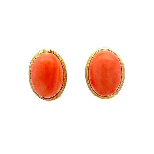 12.80 Cabochon Coral Earring Studs in Yellow Gold