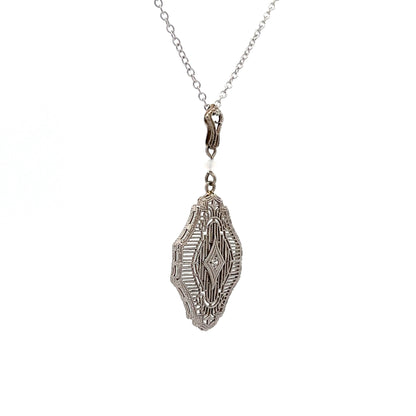 Vintage Art Deco Filigree Pendant in 14k White Gold