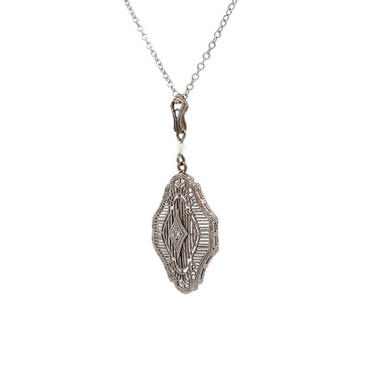 Vintage Art Deco Filigree Pendant in 14k White Gold