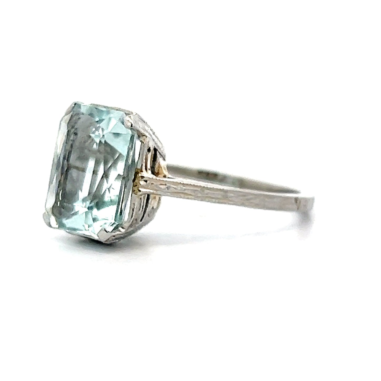 7.17 Vintage Emerald Cut Aquamarine Ring in 18k