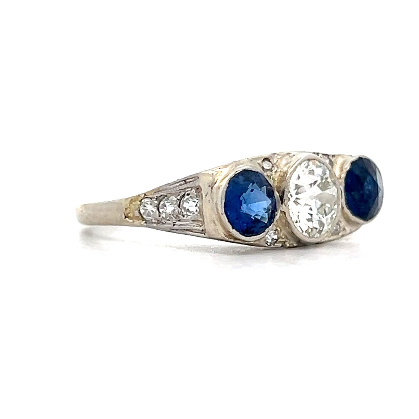 .75 Old Euro Diamond & Sapphire 3 Stone Ring in 14k