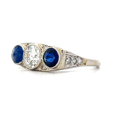 .75 Old Euro Diamond & Sapphire 3 Stone Ring in 14k