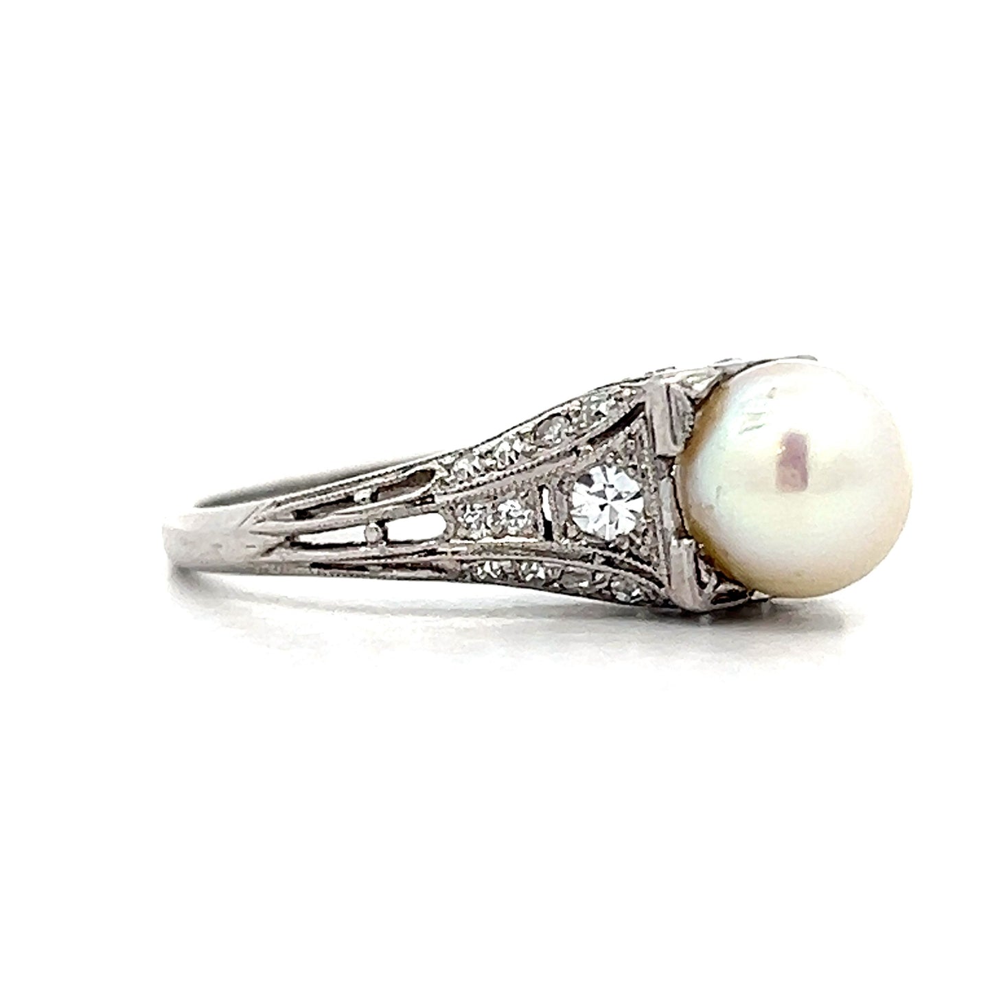 Deco Filigree Pearl & Diamond Cocktail Ring in Platinum