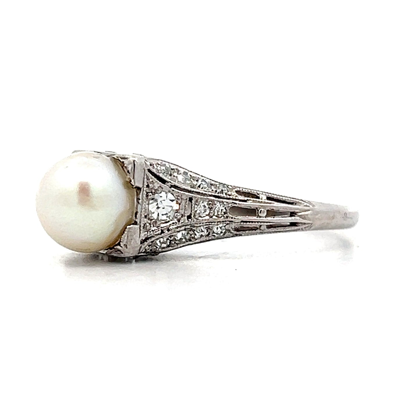 Deco Filigree Pearl & Diamond Cocktail Ring in Platinum