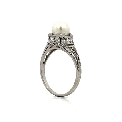 Deco Filigree Pearl & Diamond Cocktail Ring in Platinum