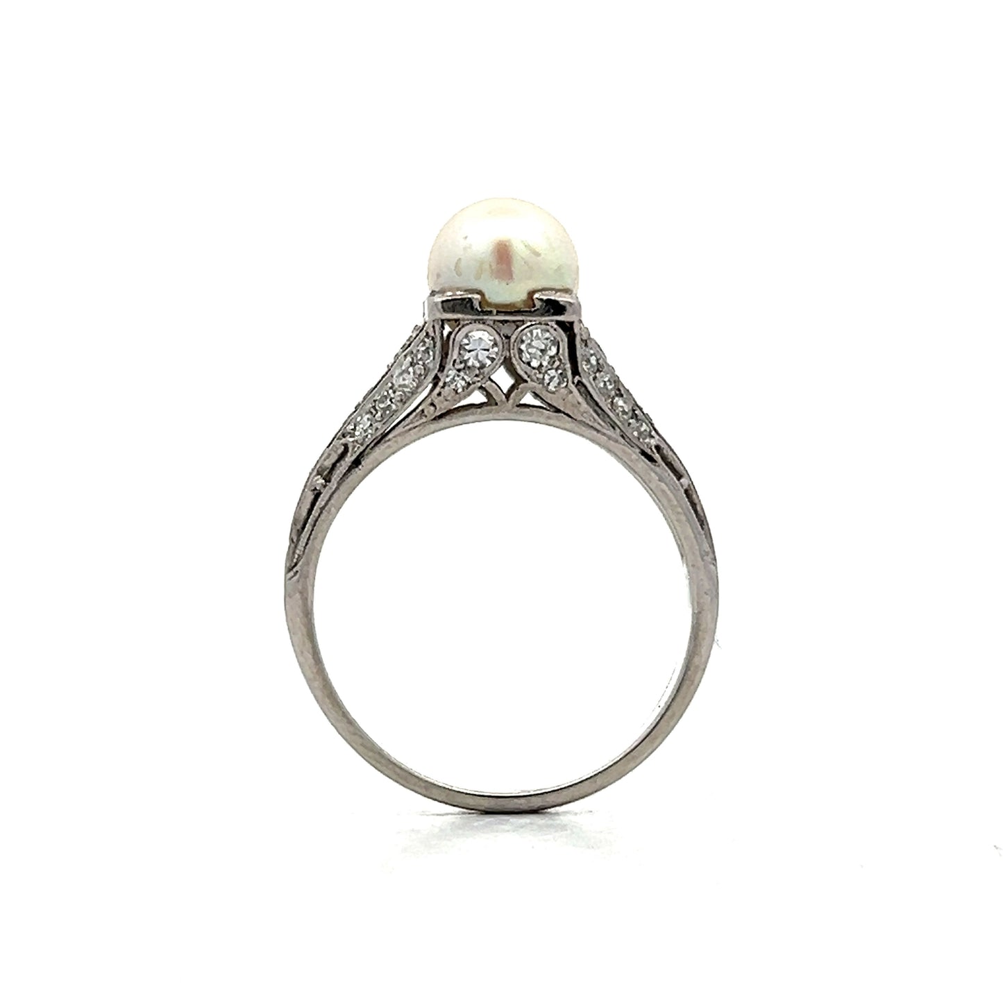 Deco Filigree Pearl & Diamond Cocktail Ring in Platinum