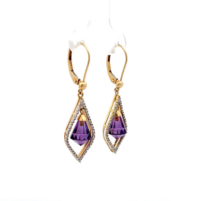 Briolette Cut Amethyst & Diamond Earrings in 14k