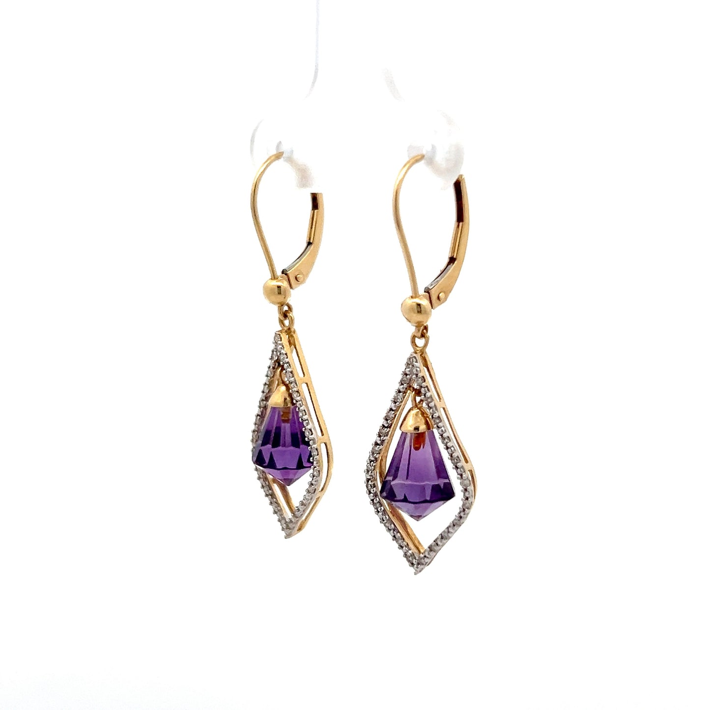 Briolette Cut Amethyst & Diamond Earrings in 14k