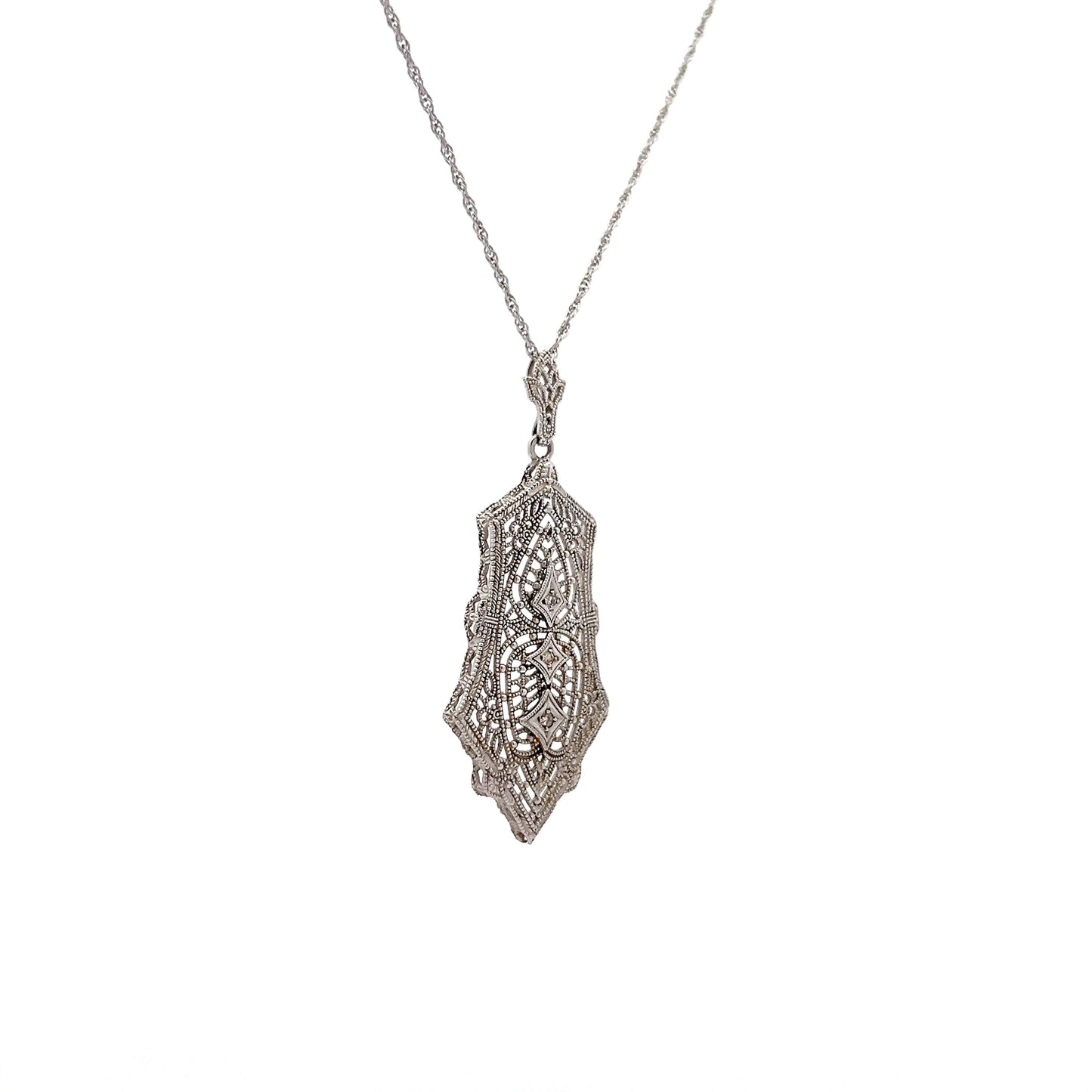 Art Deco Filigree Diamond Pendant in 14k White Gold