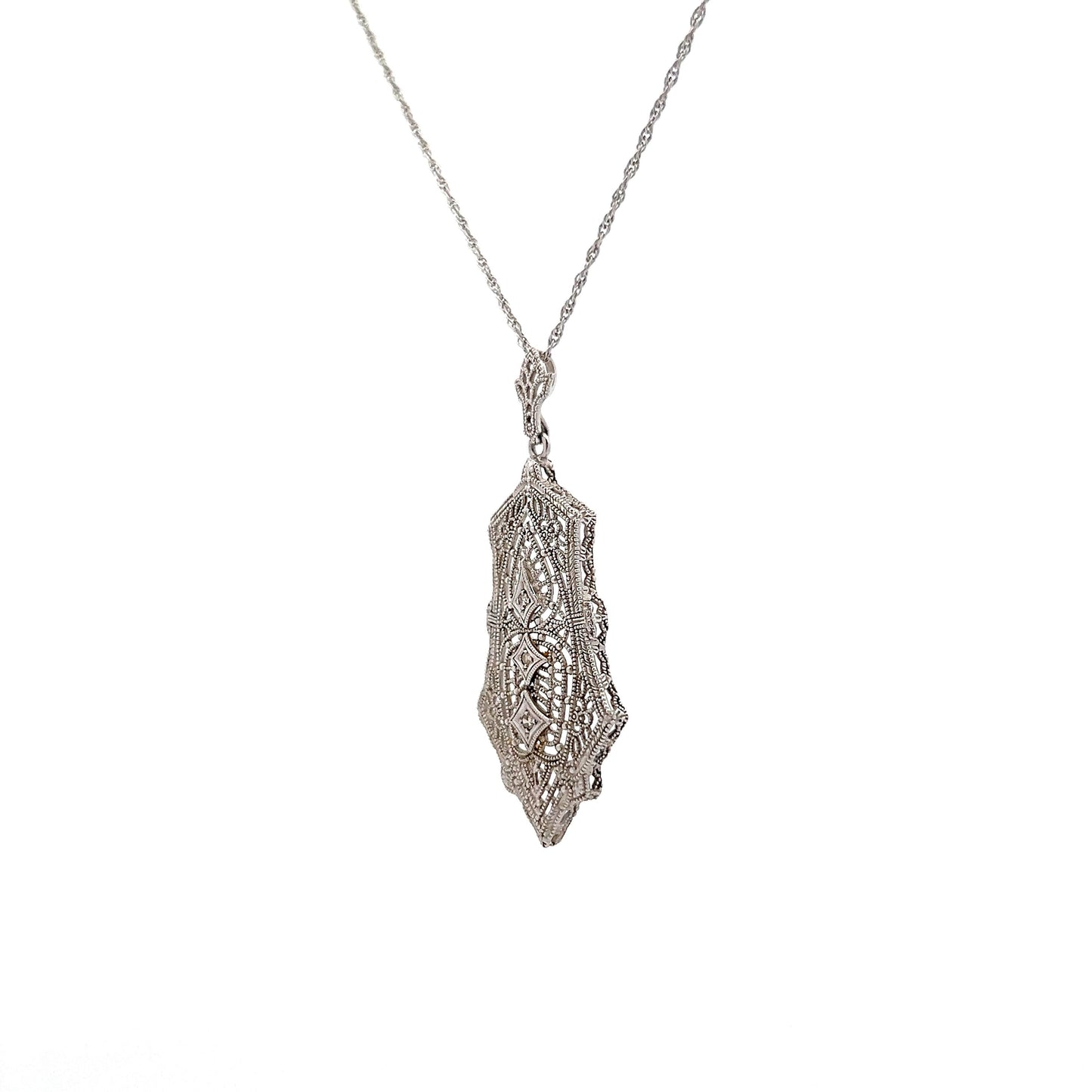 Art Deco Filigree Diamond Pendant in 14k White Gold