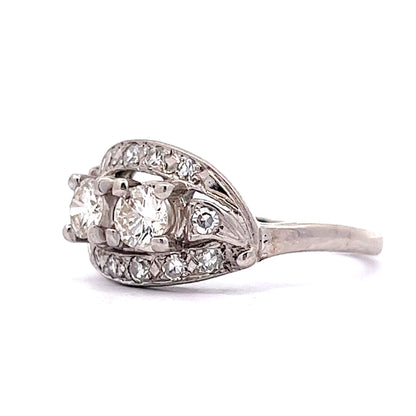 Vintage Right Hand Ring Mid-Century .90 Round Brilliant & Single Cut Diamonds in 14k White Gold