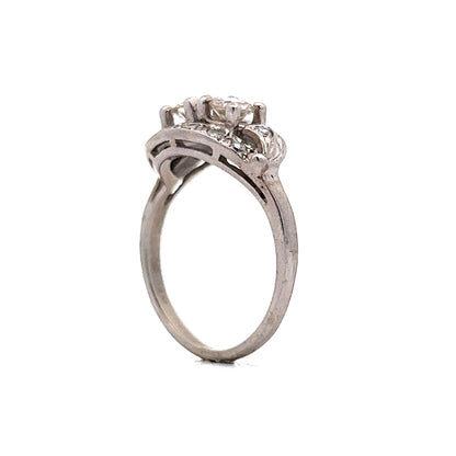 Vintage Right Hand Ring Mid-Century .90 Round Brilliant & Single Cut Diamonds in 14k White Gold