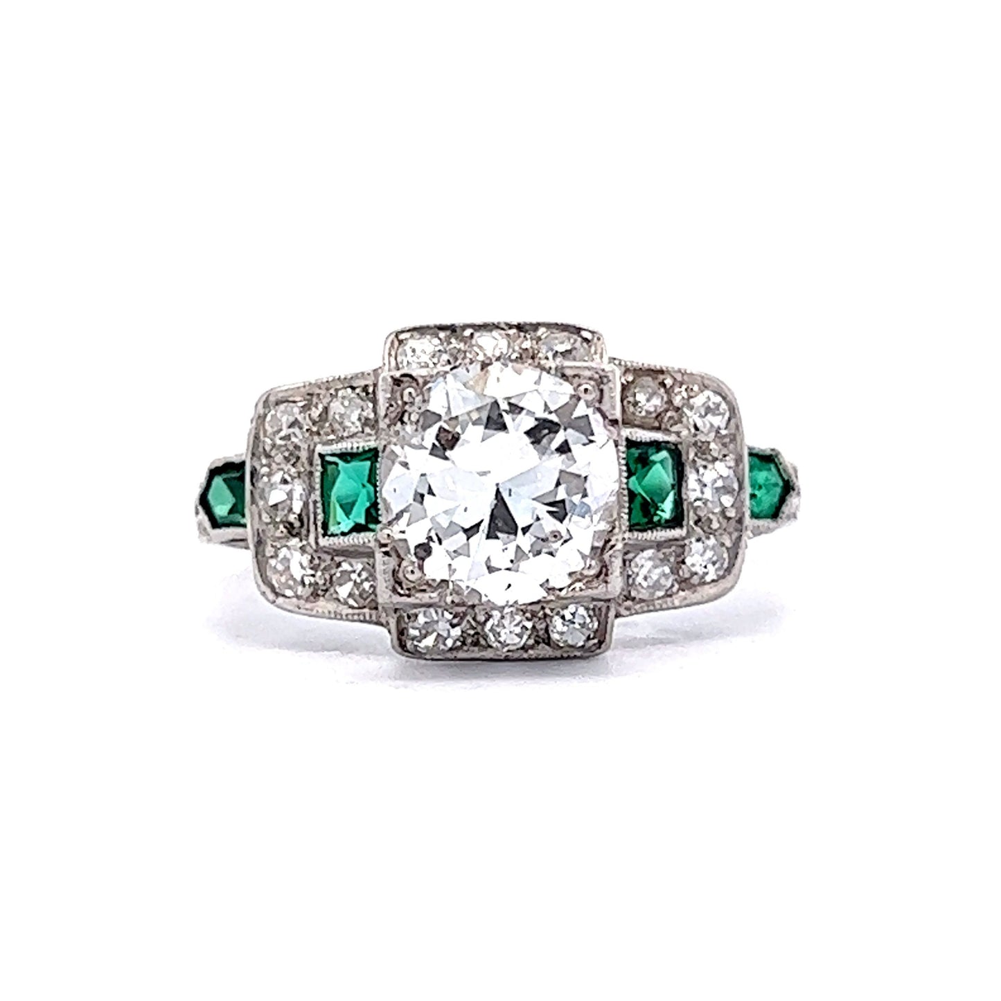 1.30 Art Deco Diamond & Emerald Engagement Ring in Platinum