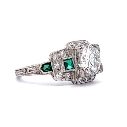 1.30 Art Deco Diamond & Emerald Engagement Ring in Platinum