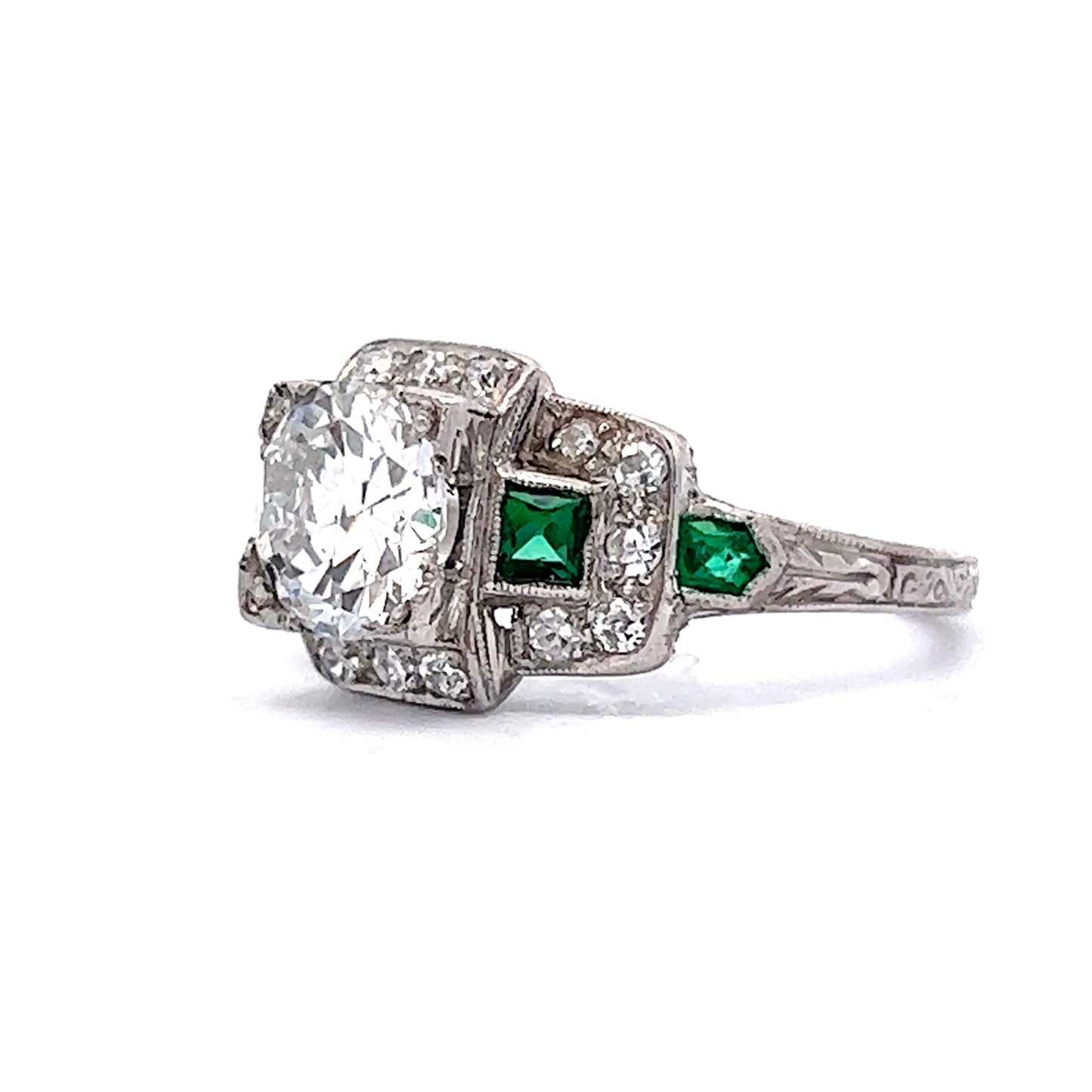 1.30 Art Deco Diamond & Emerald Engagement Ring in Platinum