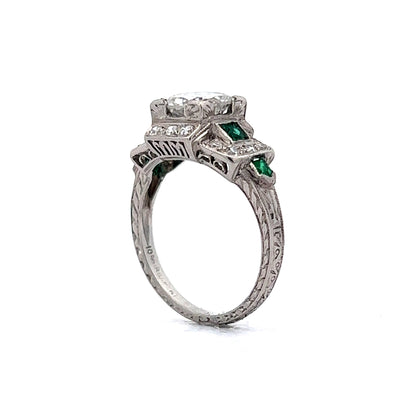 1.30 Art Deco Diamond & Emerald Engagement Ring in Platinum