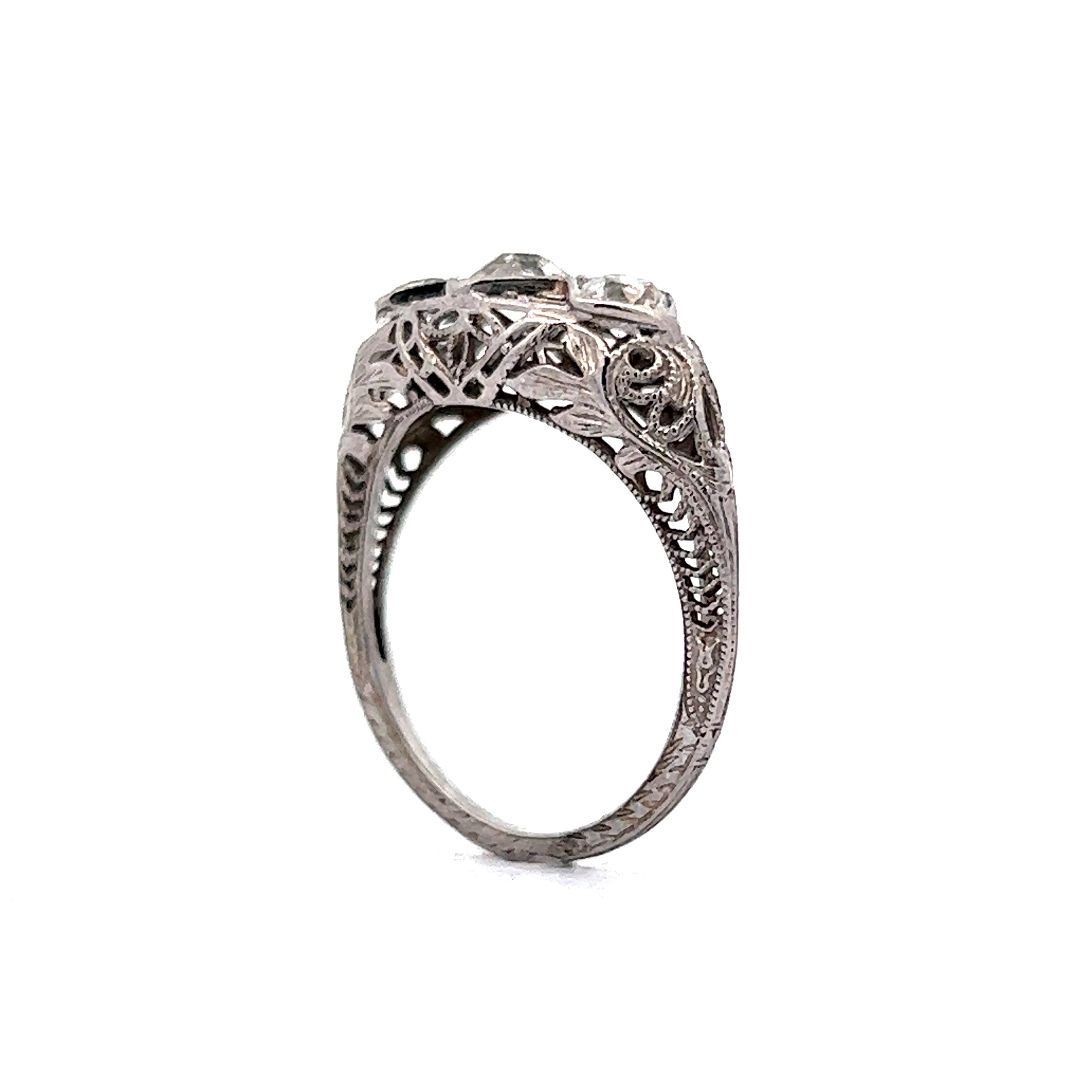 Antique Filigree Three Stone Engagement Ring in 18k White Gold Filigree Jewelers