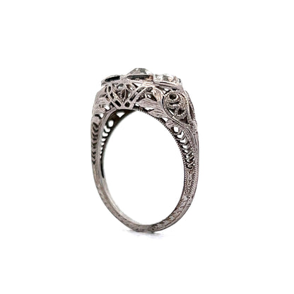 Antique Filigree Three Stone Engagement Ring in 18k White Gold