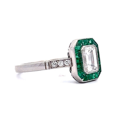 .74 Emerald Cut Diamond & Emerald Engagement Ring in Platinum
