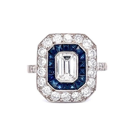 .58 Emerald Cut Diamond and Sapphire Engagement Ring in Platinum