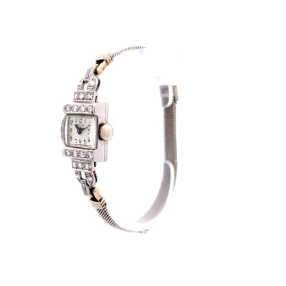 Ladies Antique Watch Art Deco .76 Single Cut Diamonds in 14k White Gold & Platinum