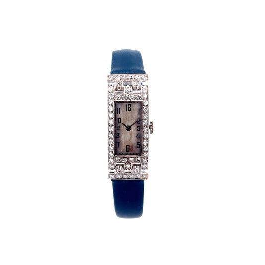 Blue Strap Antique Art Deco Diamond Watch in Platinum