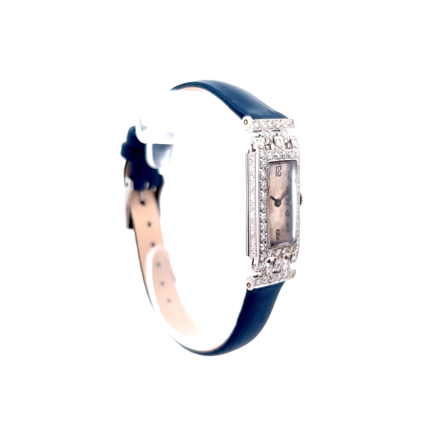 Blue Strap Antique Art Deco Diamond Watch in Platinum