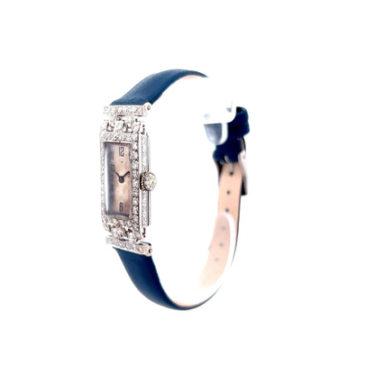 Blue Strap Antique Art Deco Diamond Watch in Platinum