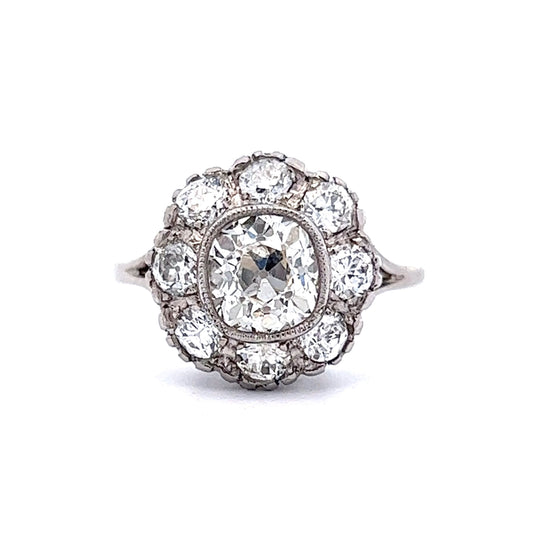 1.37 Art Deco Diamond Cluster Engagement Ring in Platinum