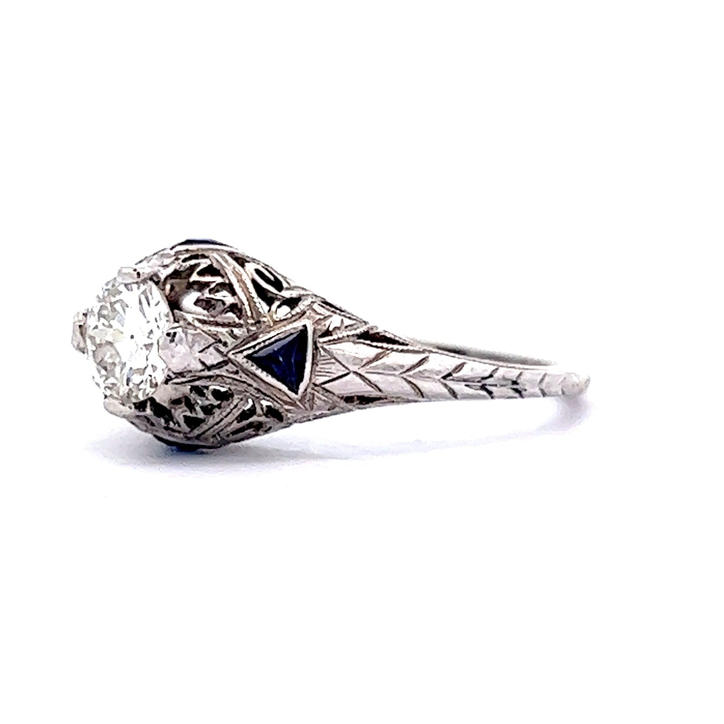 Half Carat Filigree Engagement Ring w/ Sapphires in 18k White Gold