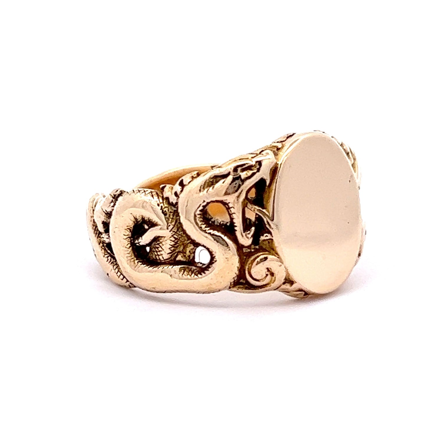 Antique Art Nouveau Serpent Signet Ring in 14k Yellow Gold