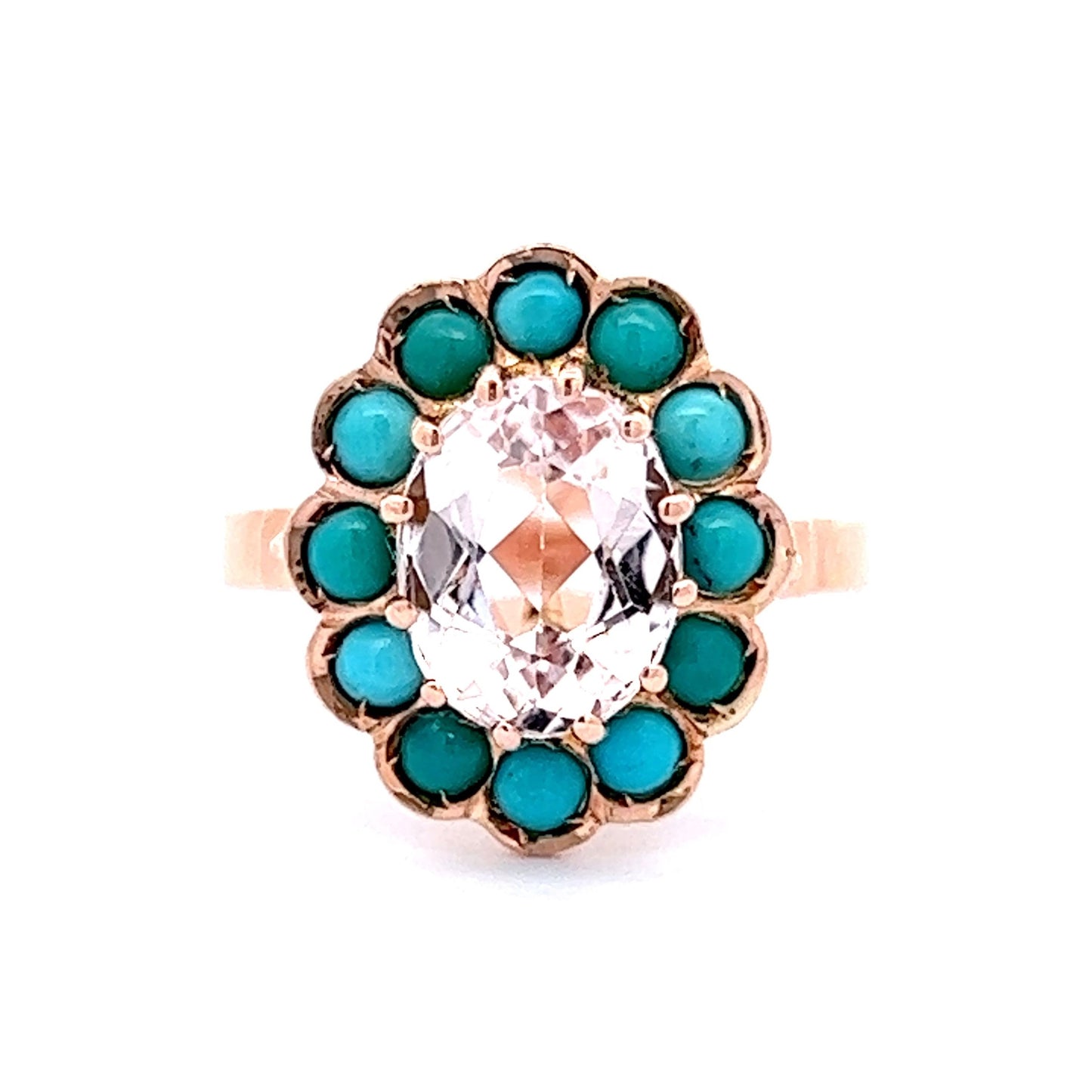 2.08 Victorian Oval Morganite & Turquoise Ring in 14k Yellow Gold