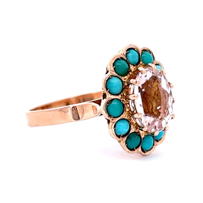 2.08 Victorian Oval Morganite & Turquoise Ring in 14k Yellow Gold