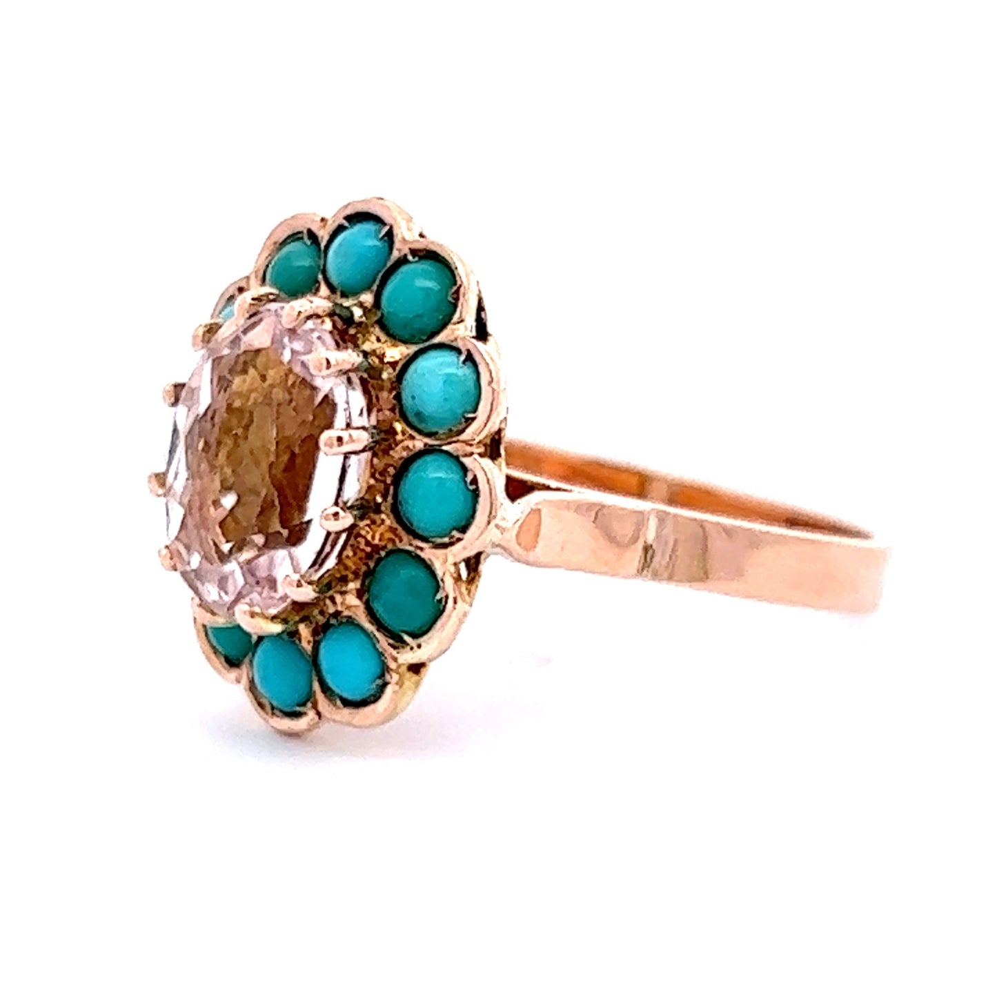 2.08 Victorian Oval Morganite & Turquoise Ring in 14k Yellow Gold