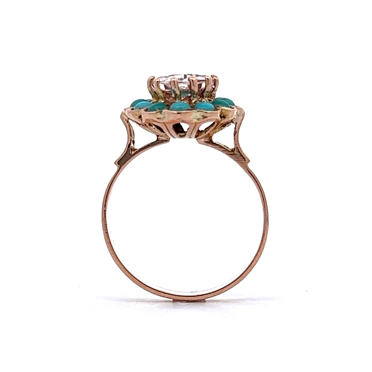 2.08 Victorian Oval Morganite & Turquoise Ring in 14k Yellow Gold