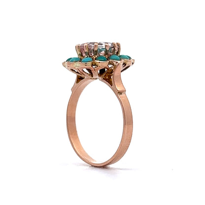 2.08 Victorian Oval Morganite & Turquoise Ring in 14k Yellow Gold