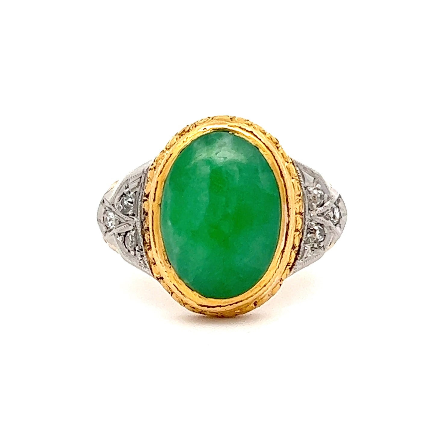 Mid-Century Vintage Jadeite & Diamond Ring in Two Toned 22K & Platinum