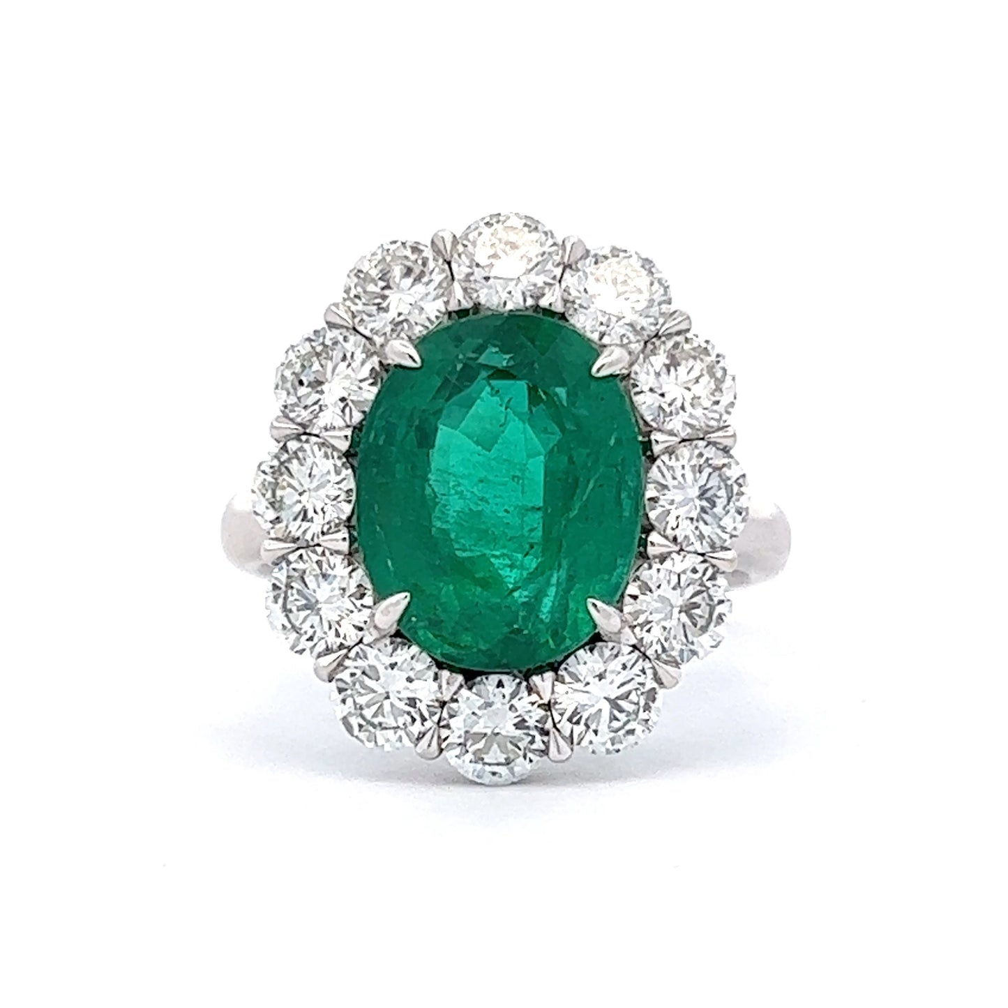 4.33 Oval Green Emerald & Diamond Halo Cocktail Ring in Platinum