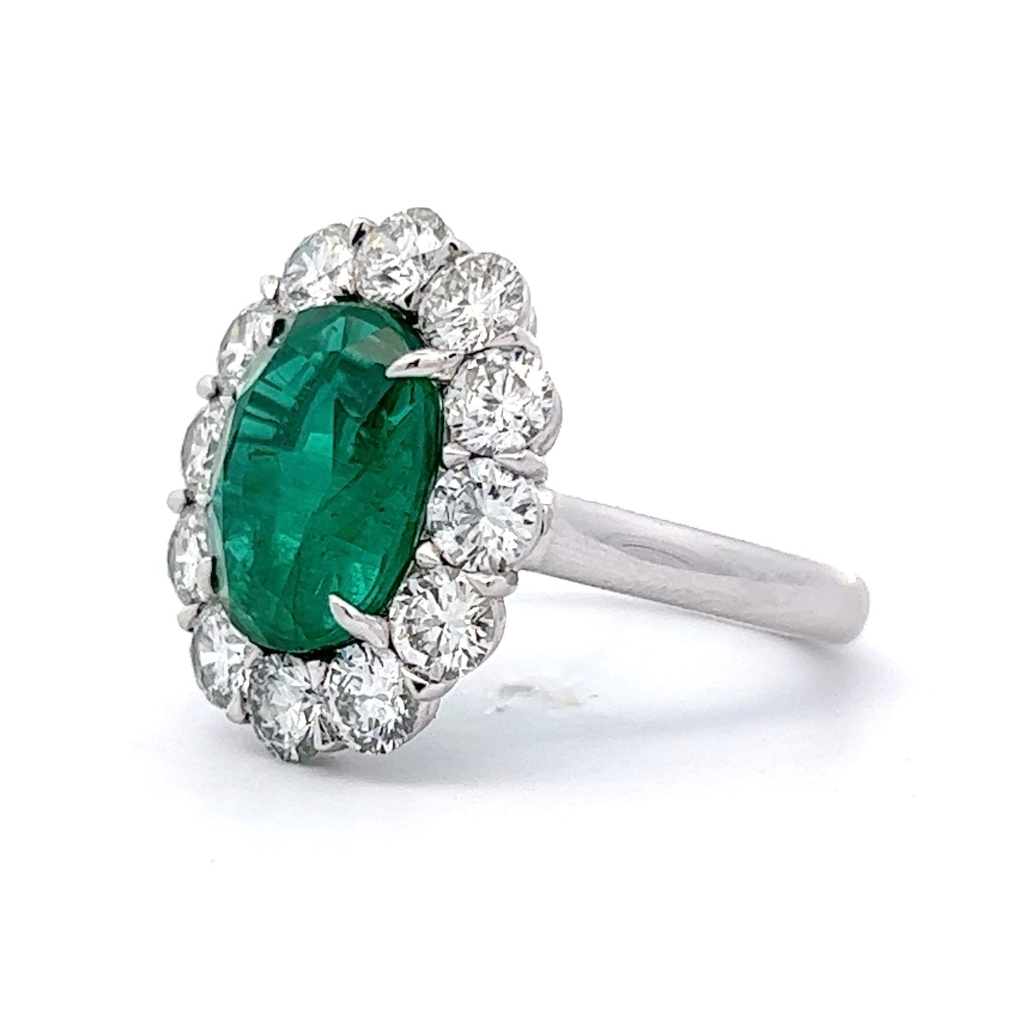 4.33 Oval Green Emerald & Diamond Halo Cocktail Ring in Platinum