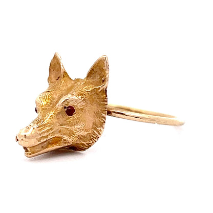 Vintage Victorian Fox Ring w/ Rubies in 14k Yellow Gold