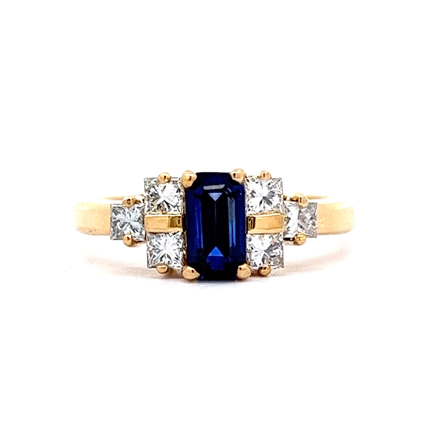 1.00 Emerald Cut Blue Sapphire & Diamond Engagement Ring in 18K